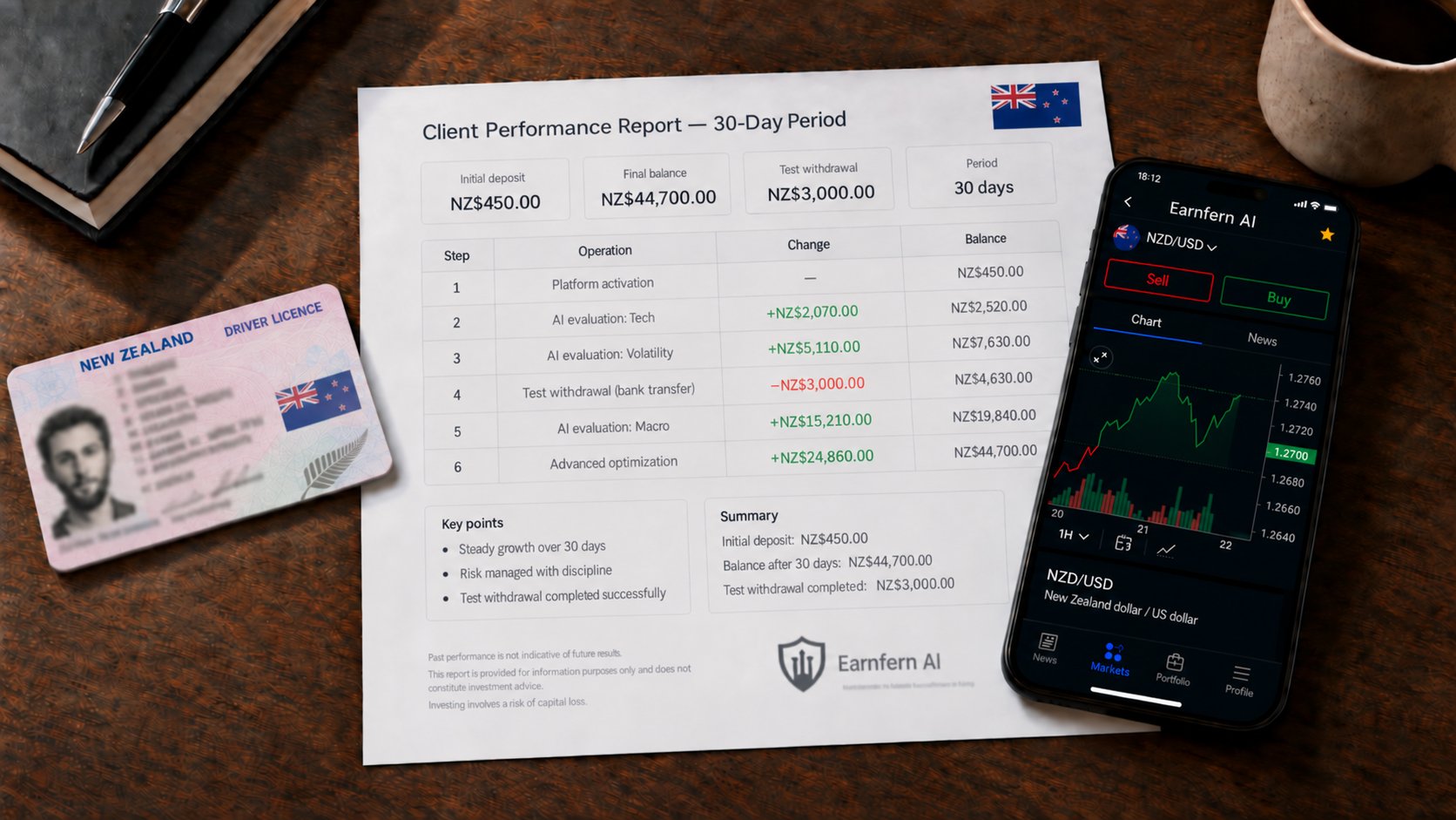 Log of the test account (simulation)